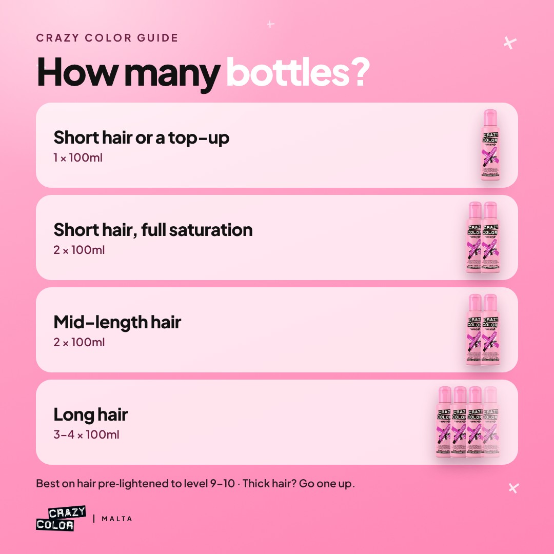 How many Crazy Color bottles you need for short, mid-length and long hair